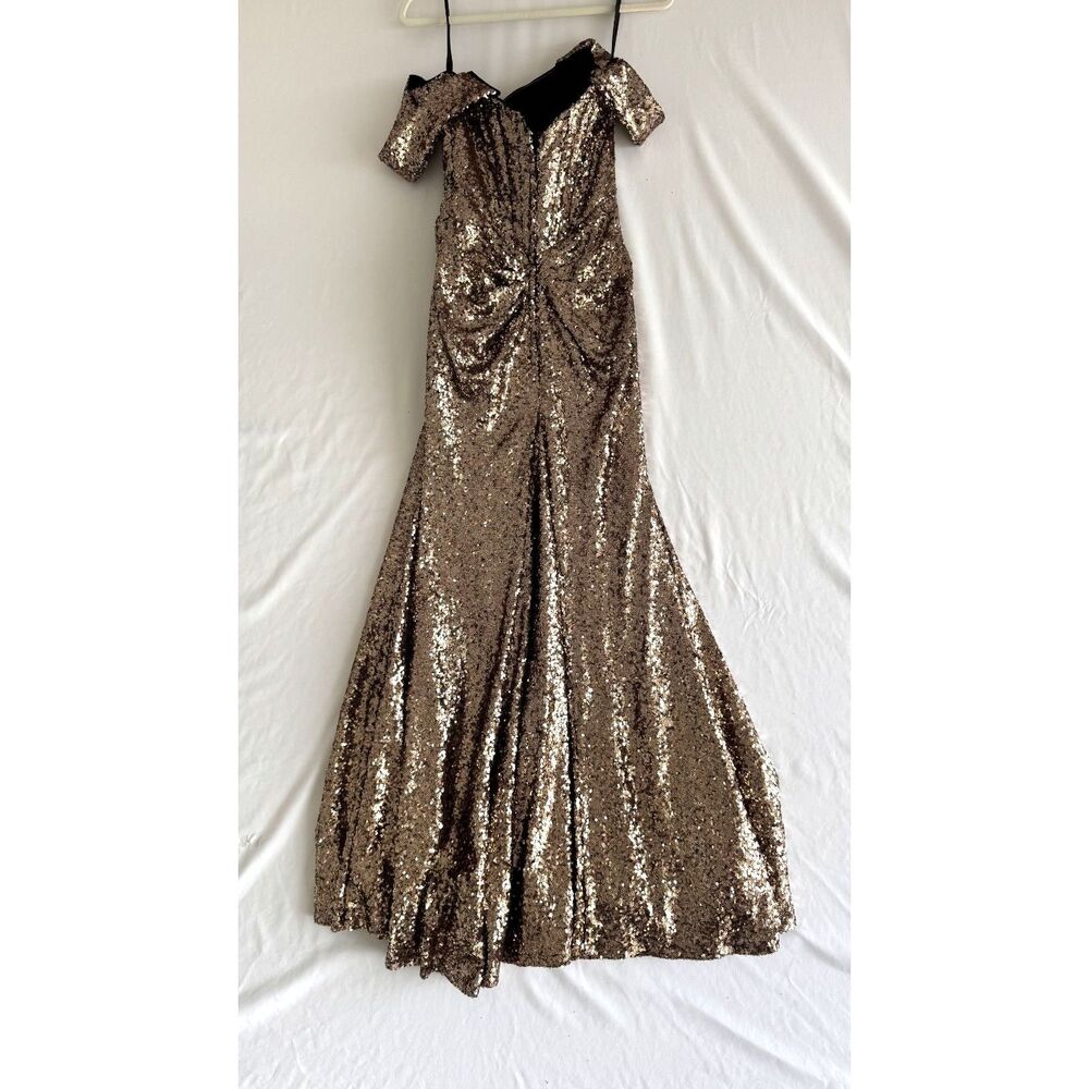 10312 Size 8 Sherri Hill sequin corset off shoulder mermaid gown slit gold black - Picture 5 of 7